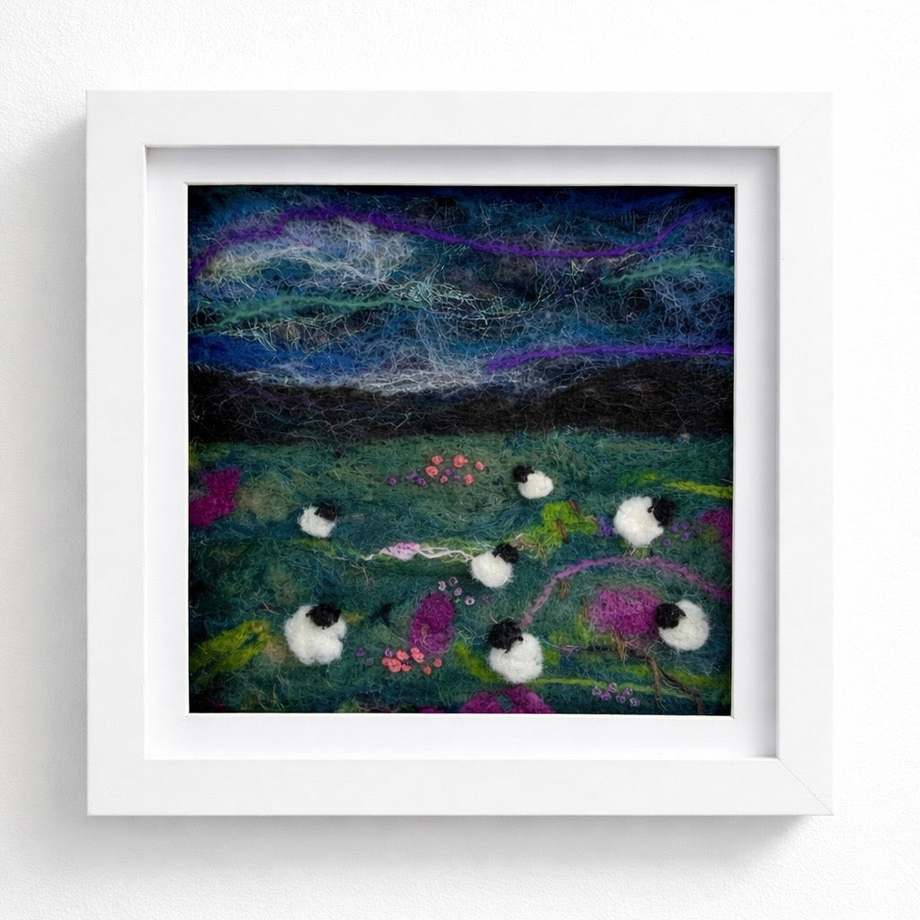 Moorland Drift – Shetland Wool Felt Landscape with Sheep