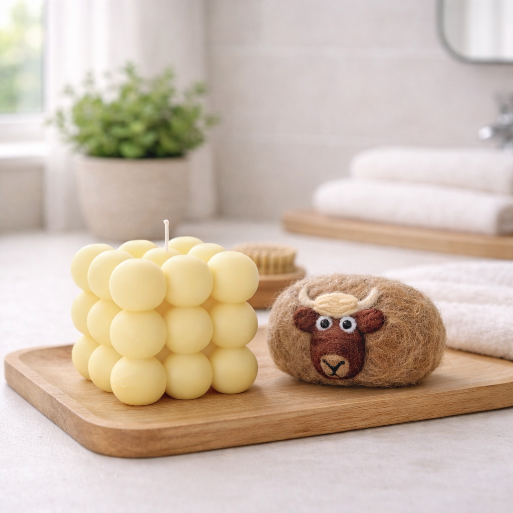 Handmade bubble candle and felted sheep soap gift set on a wooden tray in a bathroom setting.