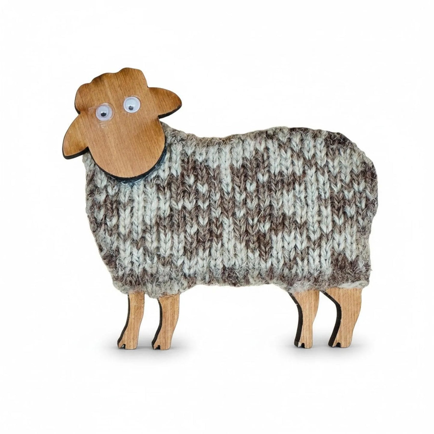 Handmade wooden sheep magnet with a grey and white knitted wool body and googly eyes.