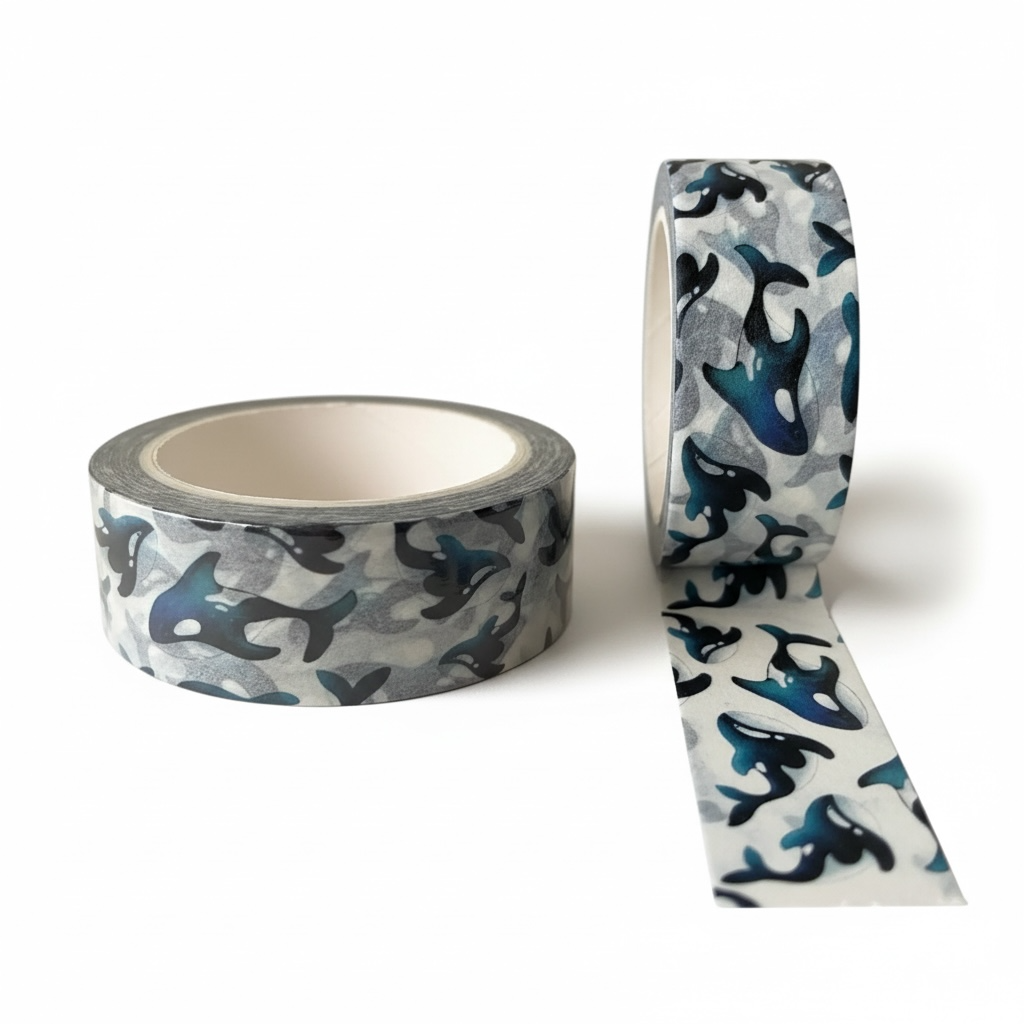 Two rolls of washi tape with a grey and blue orca whale pattern.