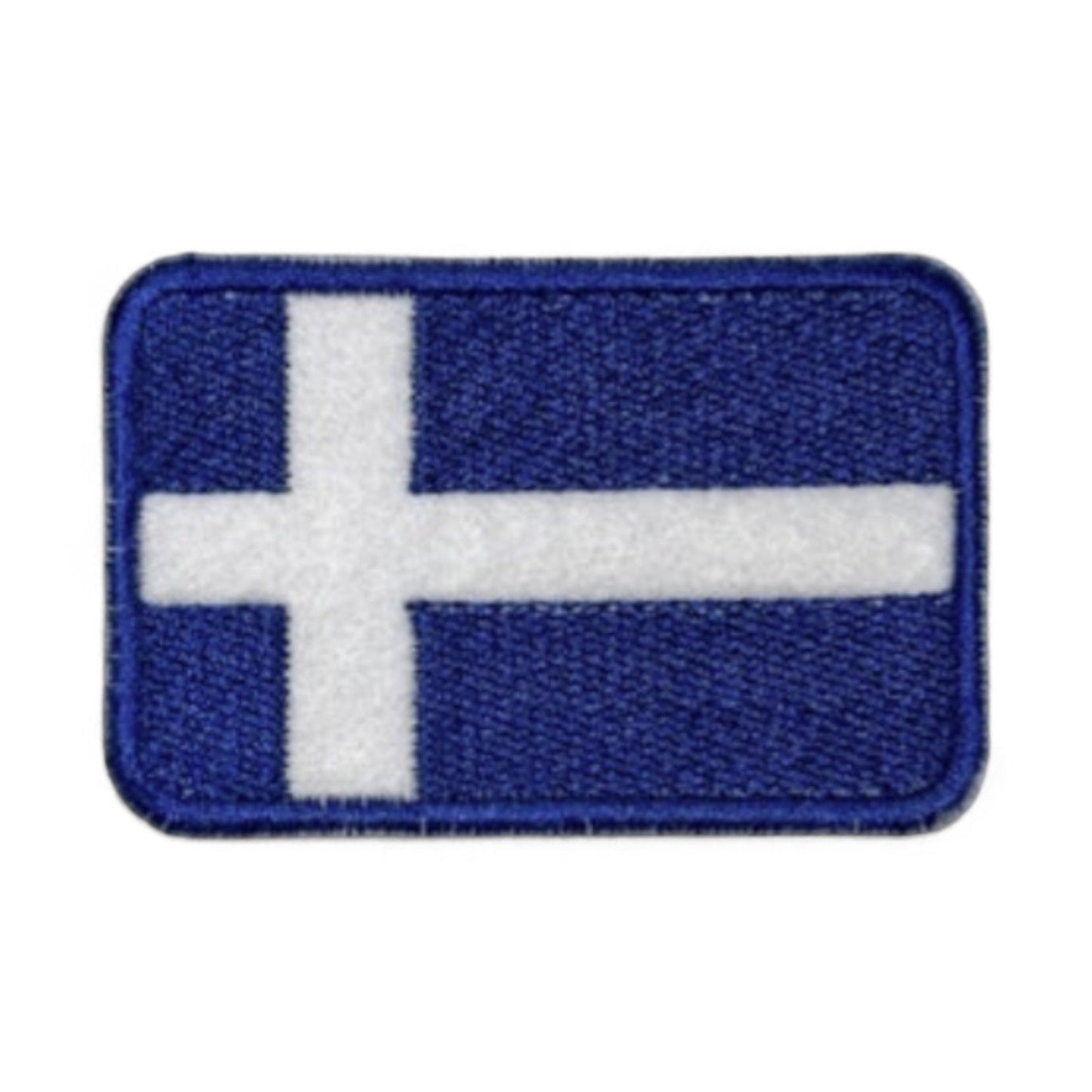 Iron-on Shetland flag embroidered patch with a blue background and white cross.