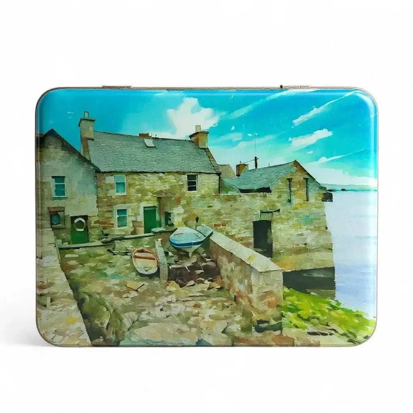 A rectangular tin featuring a painting of stone houses by the water.
