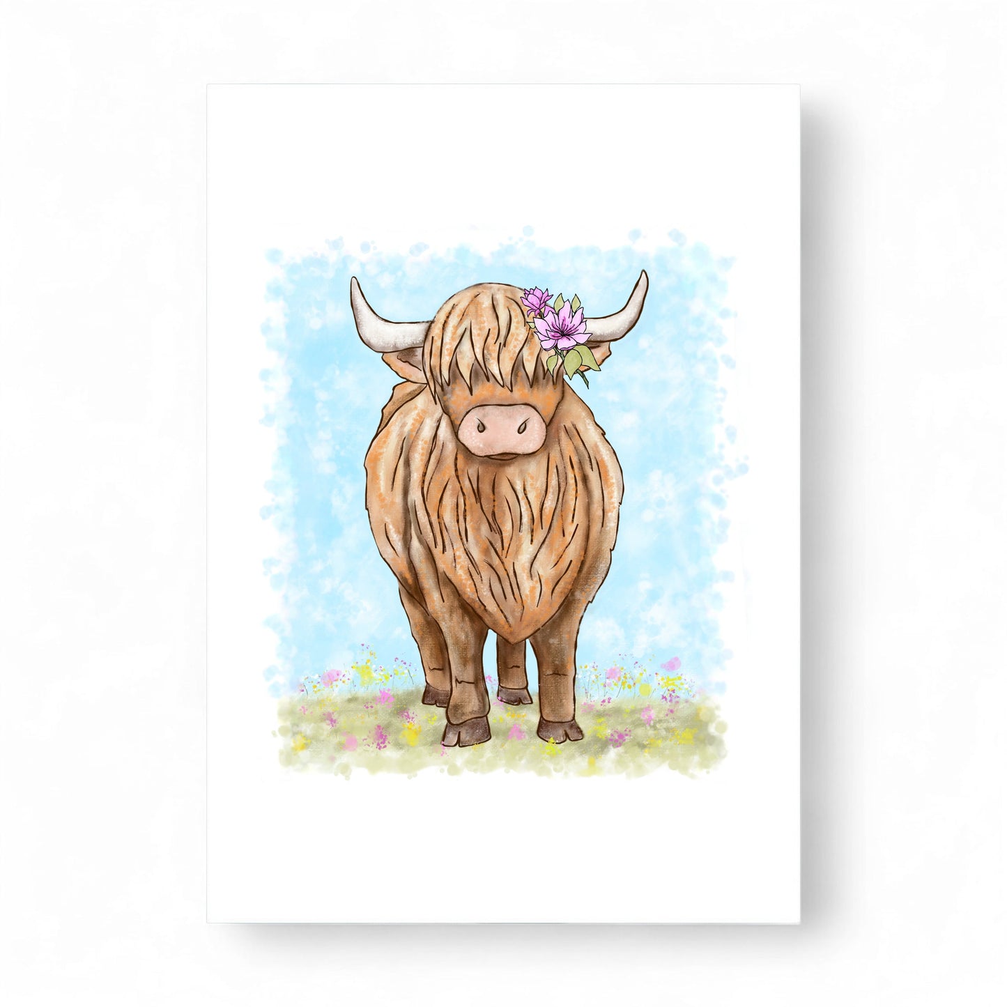 Printed Highland Coo card featuring a cow with flowers in its hair.