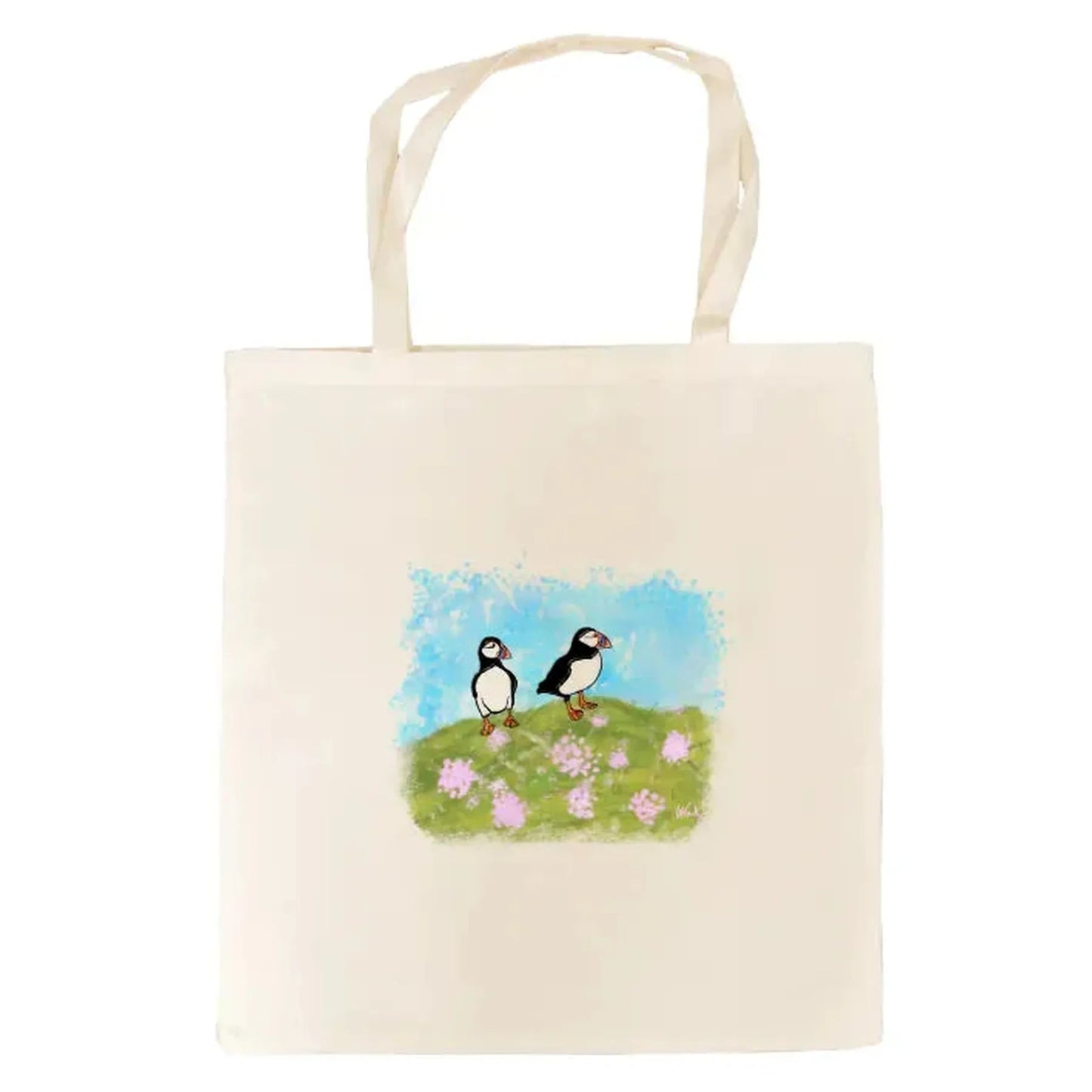 Puffins & Sea Pink Floral Printed Tote Bag by Jade Crafts Shetland