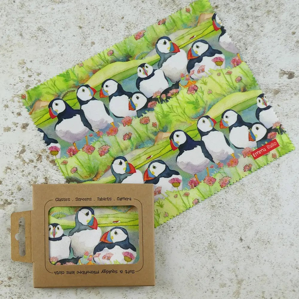 Sea Thrift Puffins lens cloth with puffins and flowers print.