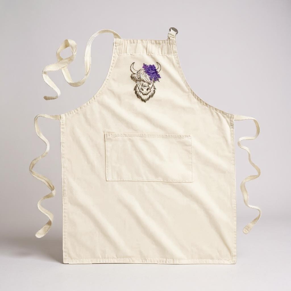 Highland Coo embroidered cotton apron with a floral crown design and a front pocket.