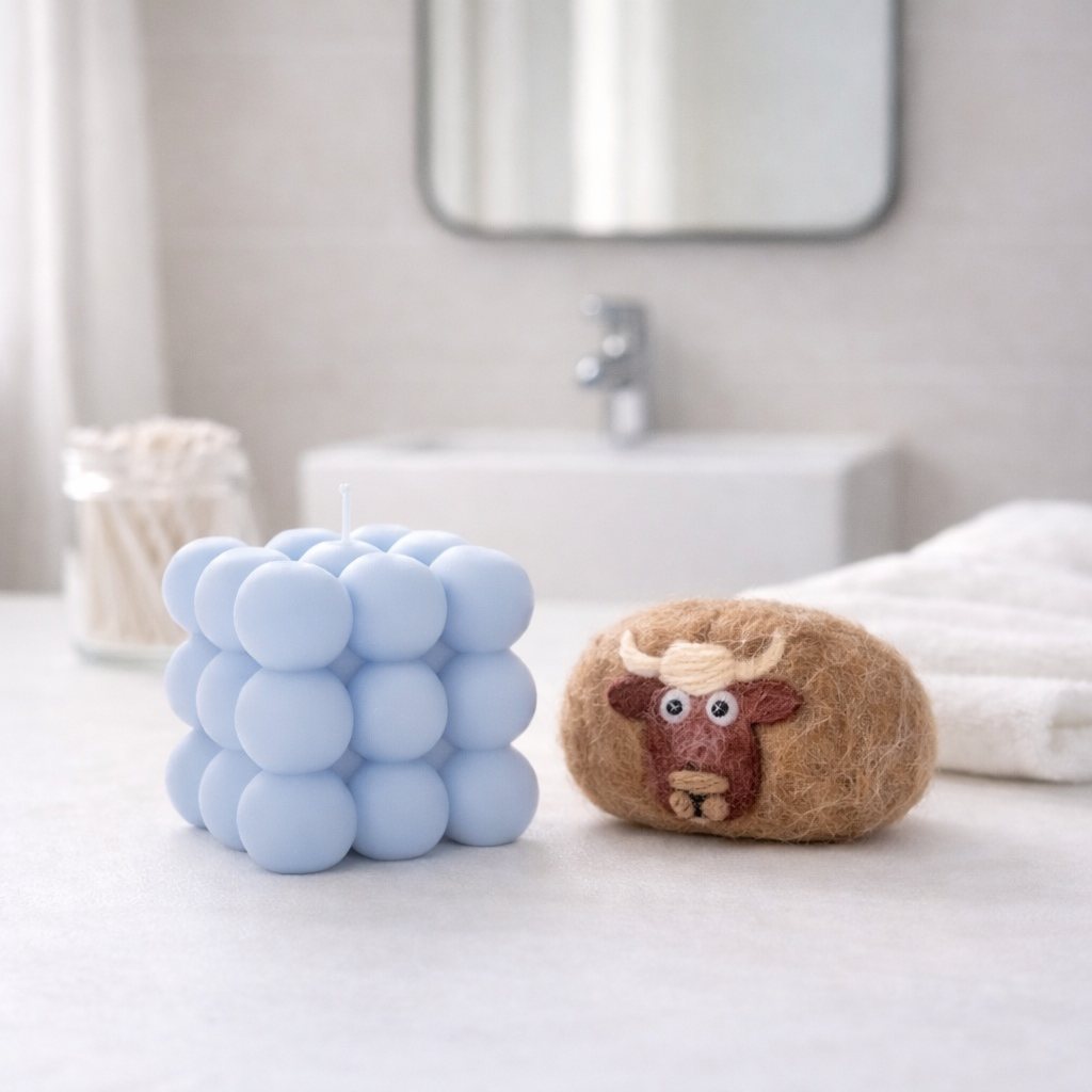 Handmade gift set featuring a light blue bubble candle and a brown felted soap with a cow design.