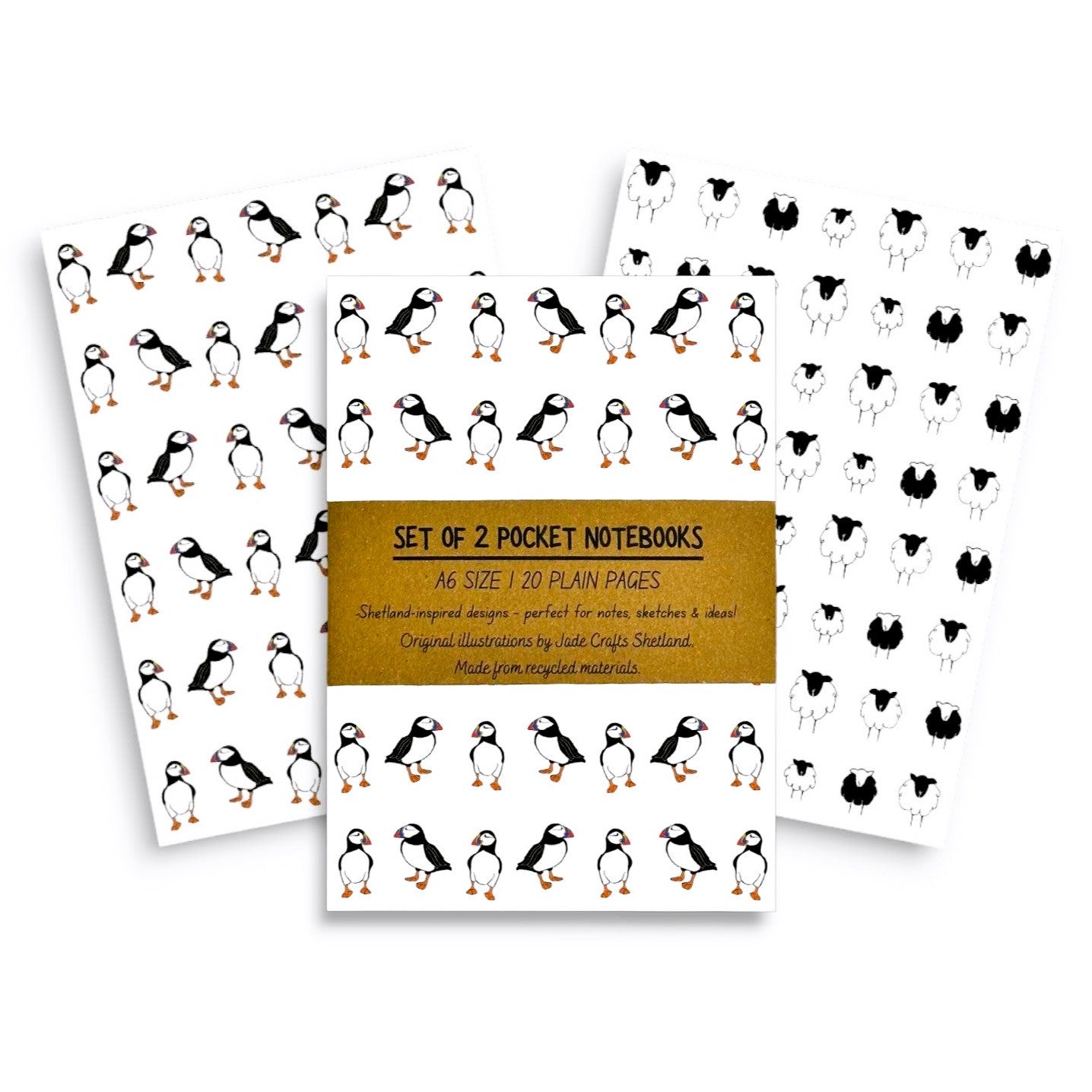 A set of two A6 pocket notebooks featuring illustrated puffin and sheep patterns.