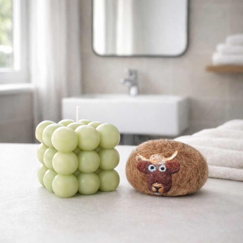 Handmade gift set featuring a light green bubble candle and a brown felted soap with a cow face.