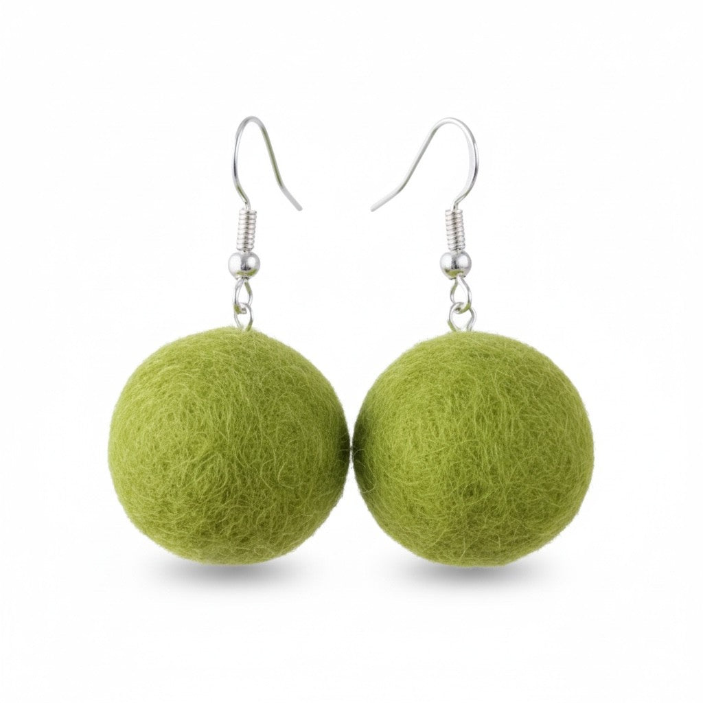 A pair of lime green hand-felted wool ball earrings with silver-colored metal hooks.