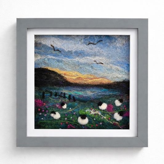 Coastal Glow at Dusk – Shetland Sunset Felted Seascape Art