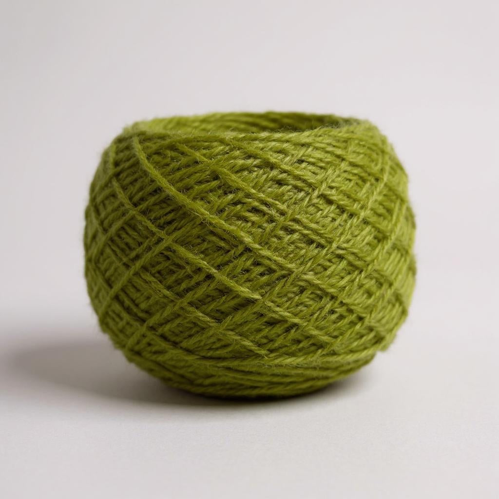 A ball of moss-green Shetland wool.