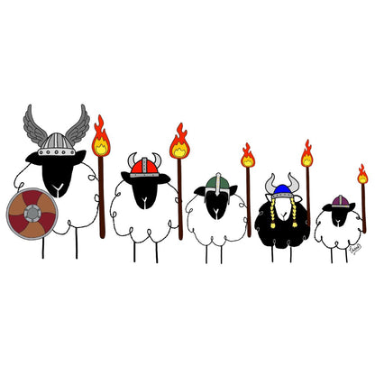 A line of cartoon sheep dressed as Vikings with helmets and torches.