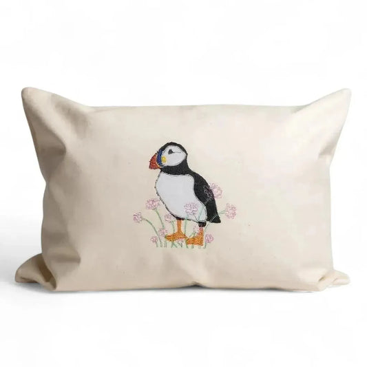 Embroidered Applique Puffin Cushion - Fairtrade Cotton