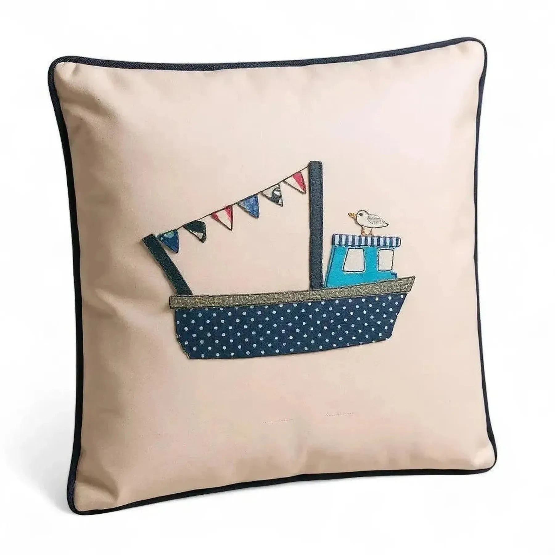 Embroidered Boat Cotton Cushion – Nautical Appliqué