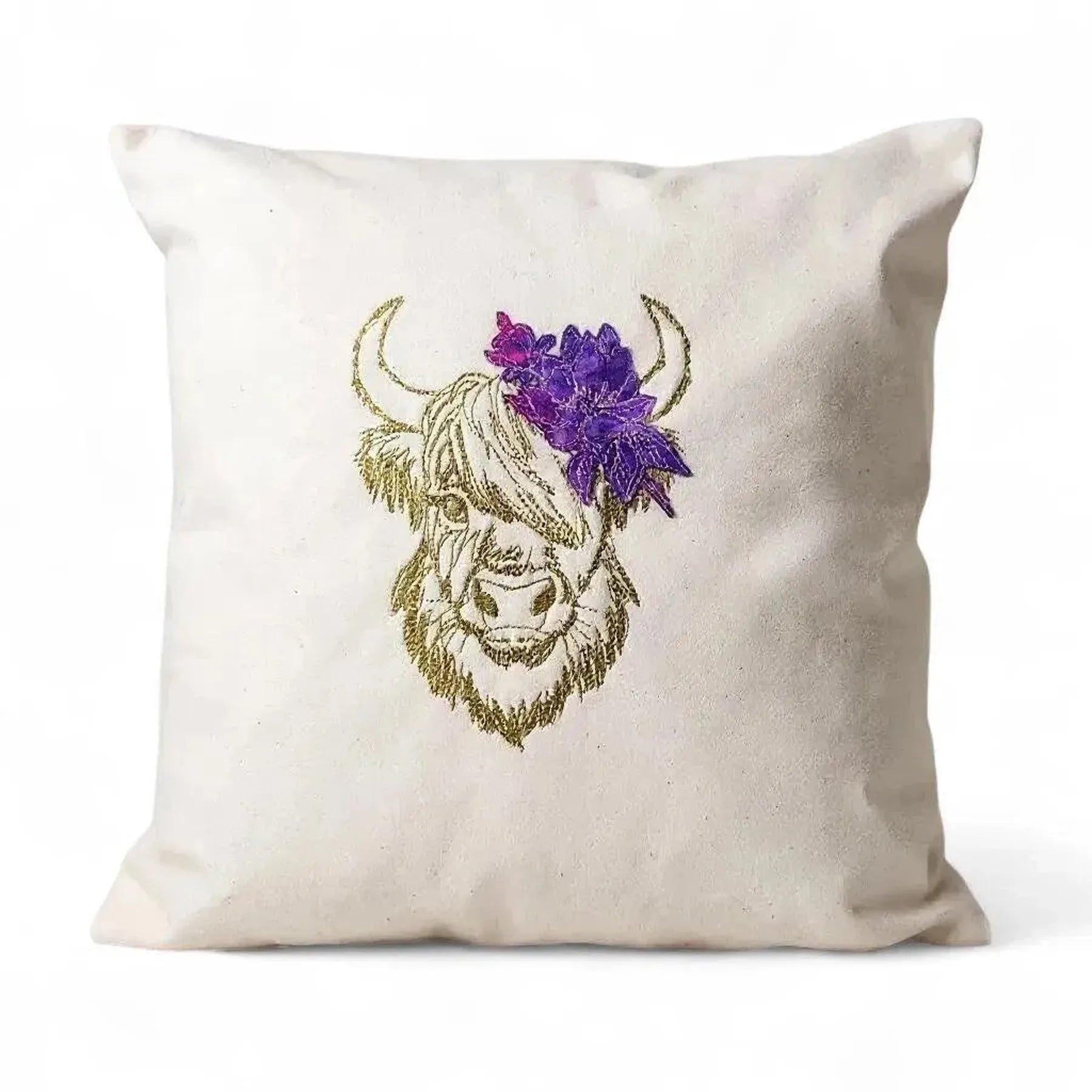 Embroidered Floral Highland Cow Cushion – Fair Trade Cotton