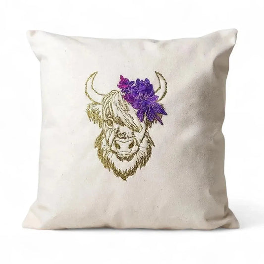 Embroidered Floral Highland Cow Cushion – Fair Trade Cotton