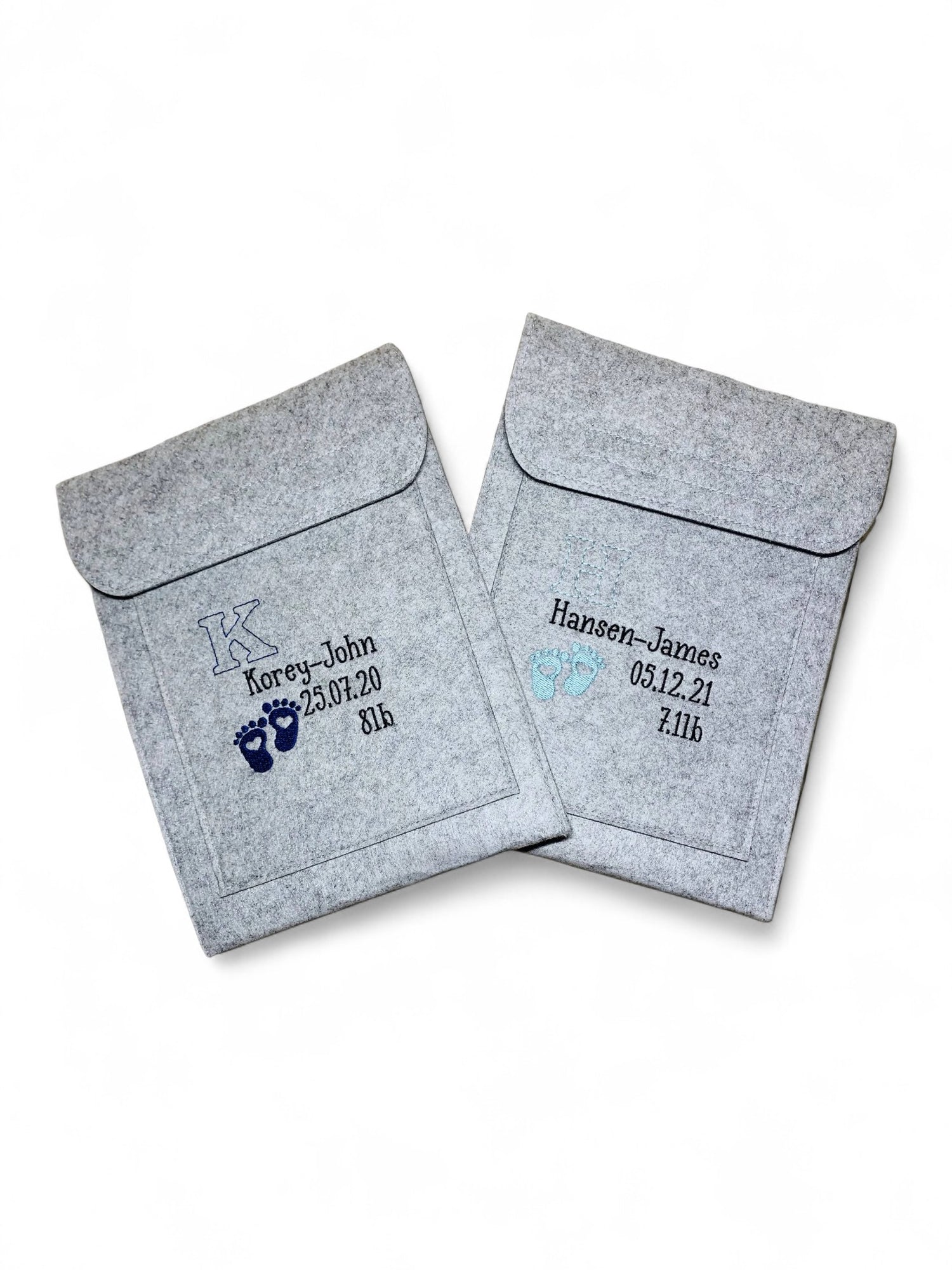 Two gray envelopes with personalised text on a white background