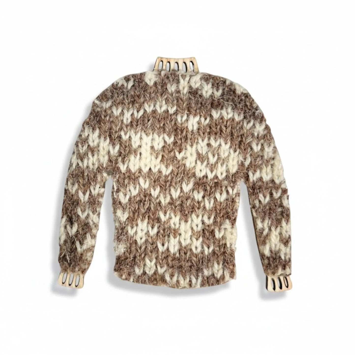 Handmade miniature knitted jumper magnet in a brown and white wool pattern.