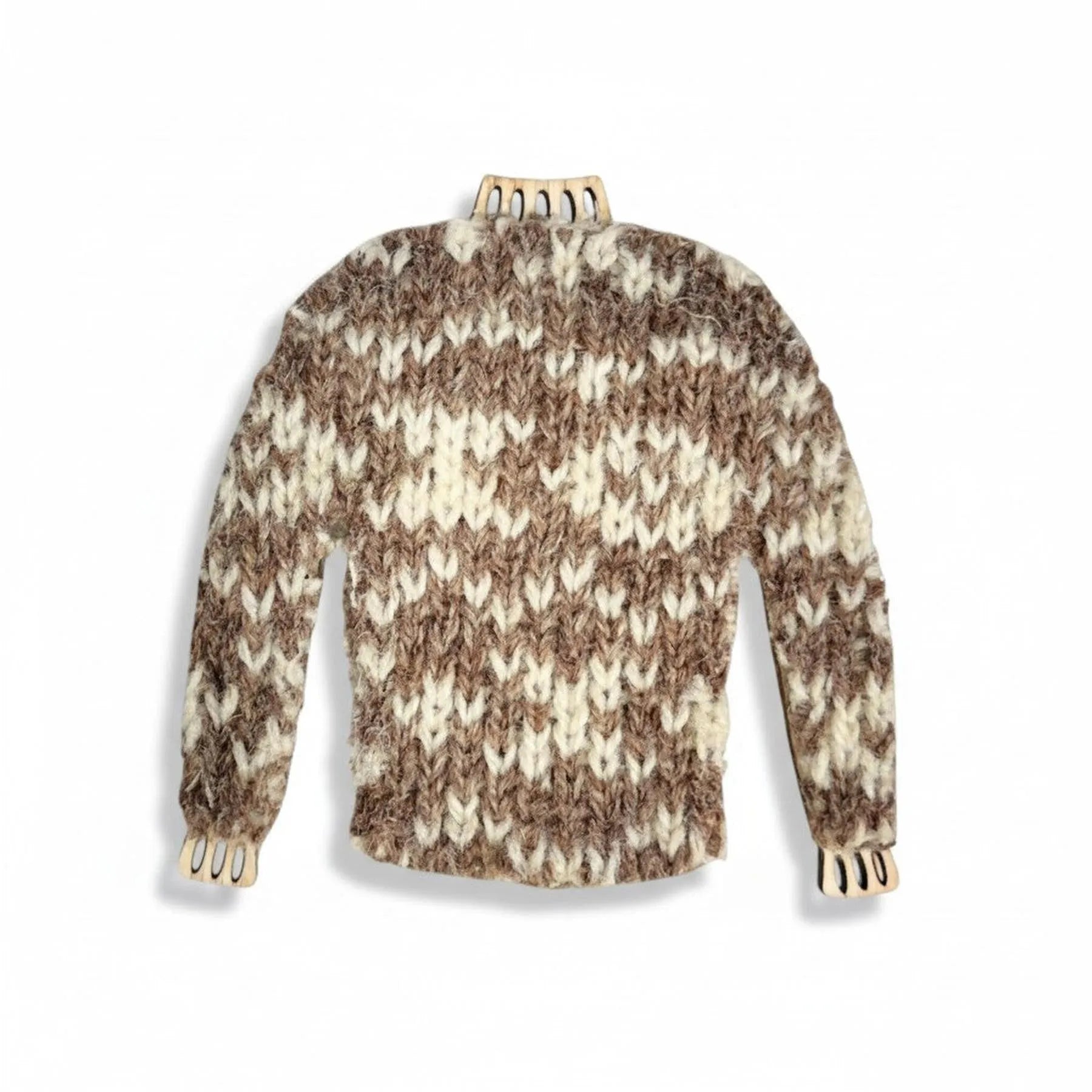 Handmade miniature knitted jumper magnet in a brown and white wool pattern.