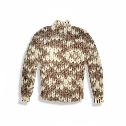 Handmade knitted jumper magnet with brown and cream pattern.