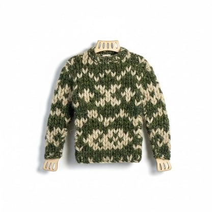 Handmade knitted jumper magnet in green and cream with a fair isle pattern.