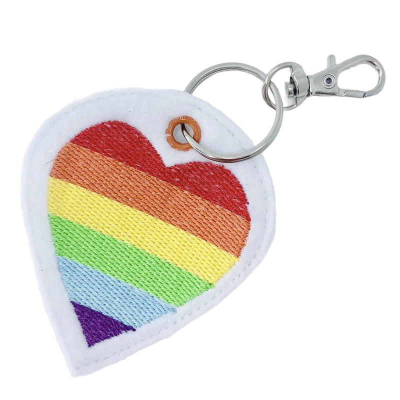 Heart-shaped keychain with rainbow pattern on a white background