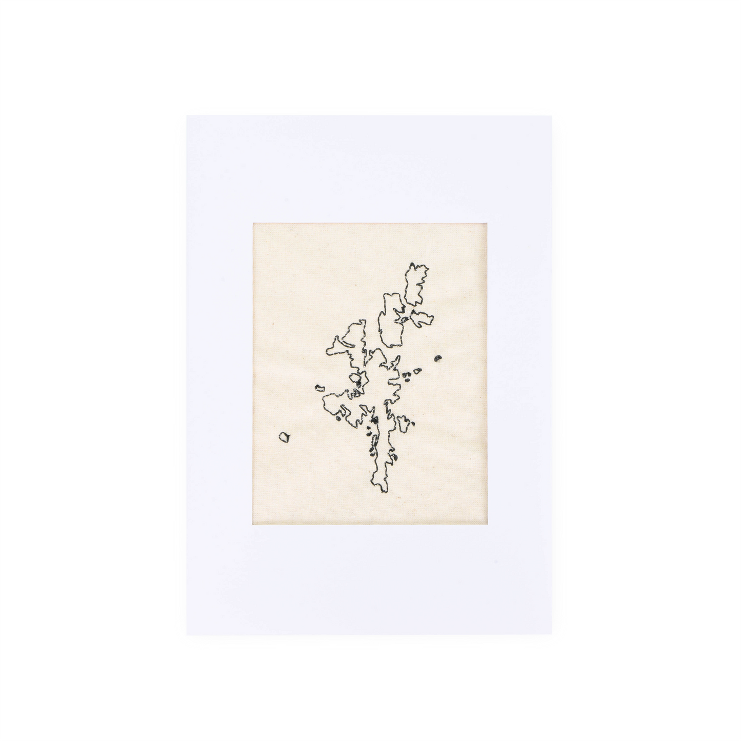 Handmade card with an embroidered outline of the Shetland Isles.