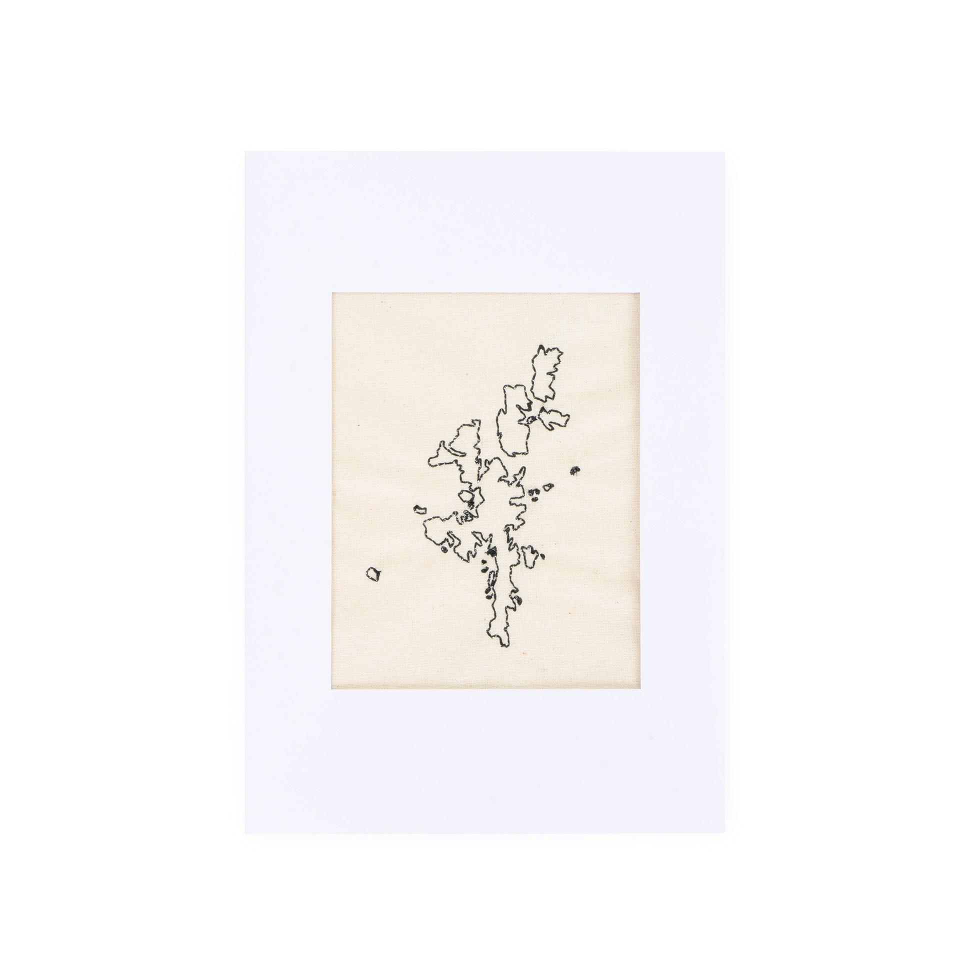 Handmade card with an embroidered outline of the Shetland Isles.