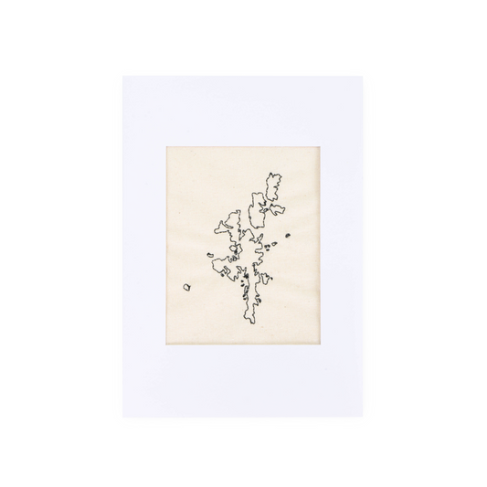 Handmade card with an embroidered outline of the Shetland Isles.