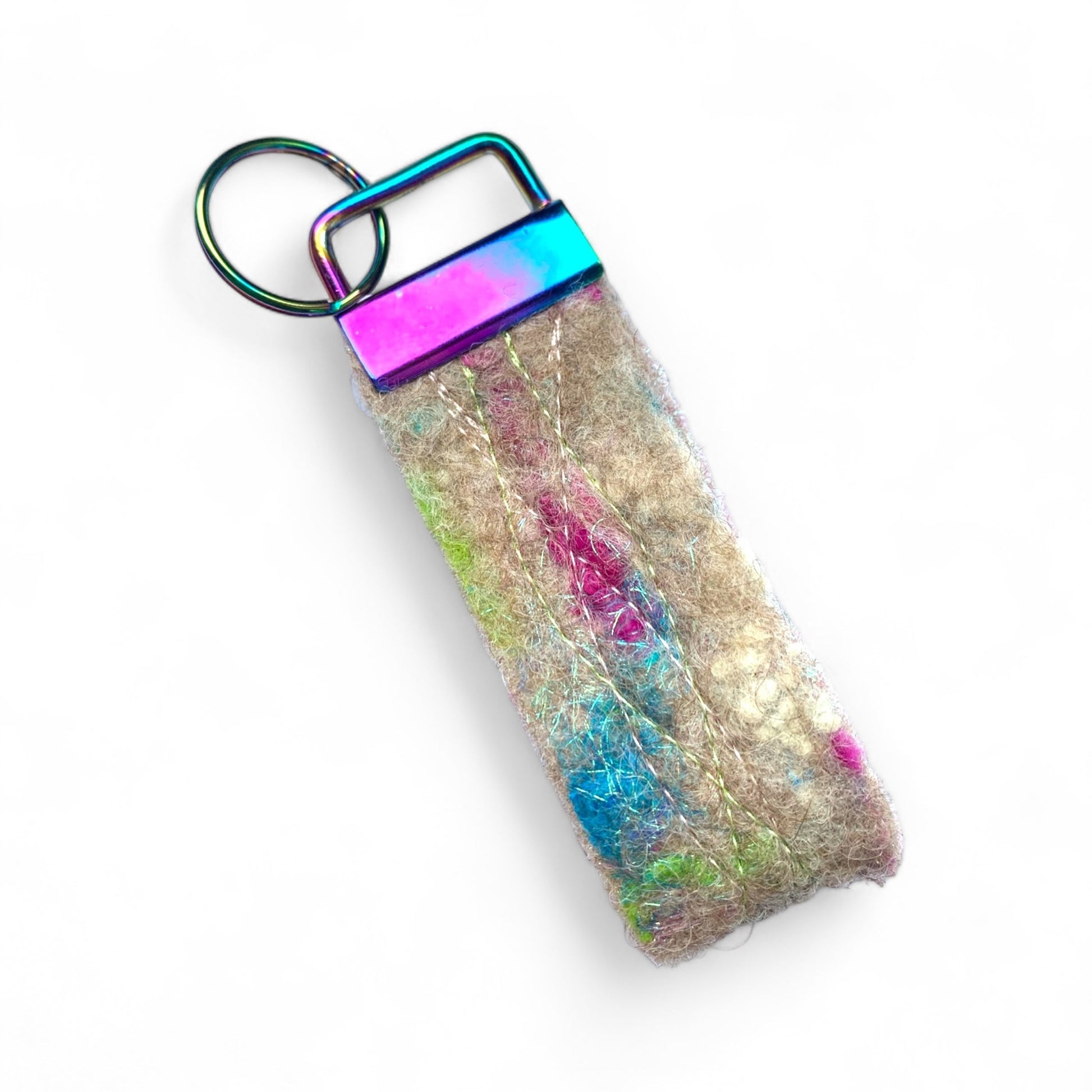 Handmade wild meadow felt keyring with a rainbow metal clasp.
