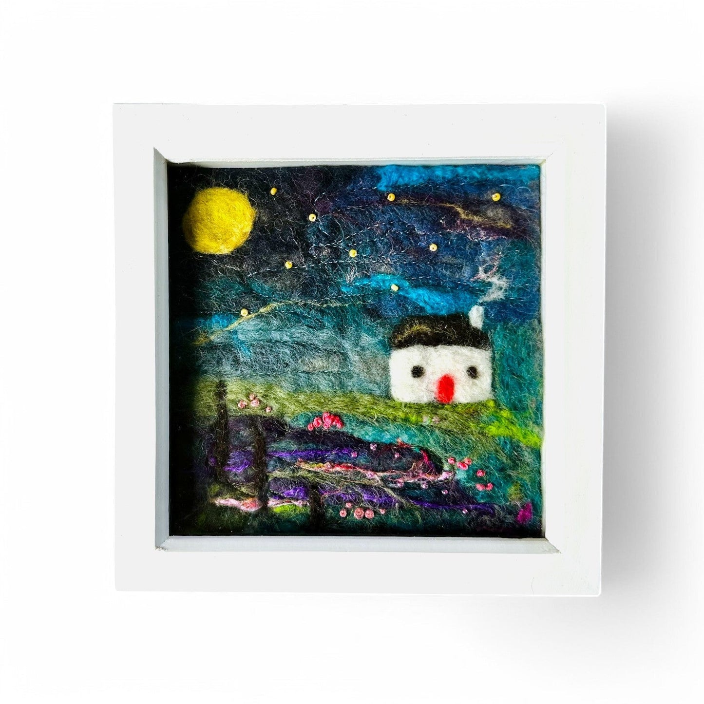 Heather Hame hand felted picture box with a house under a starry night sky.