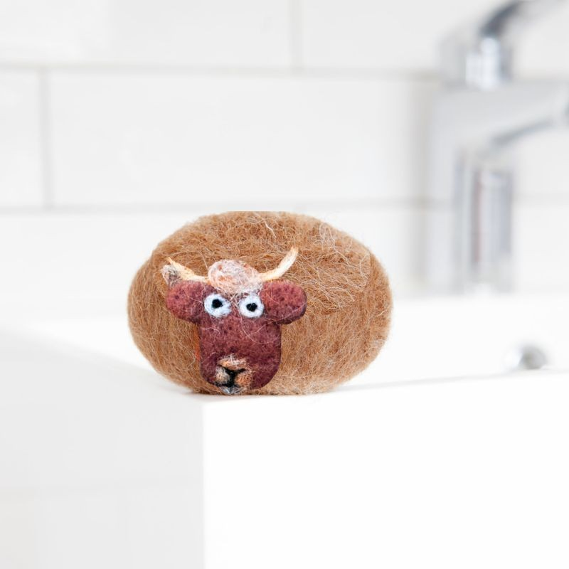 Brown felted soap with a cute Highland Coo face.