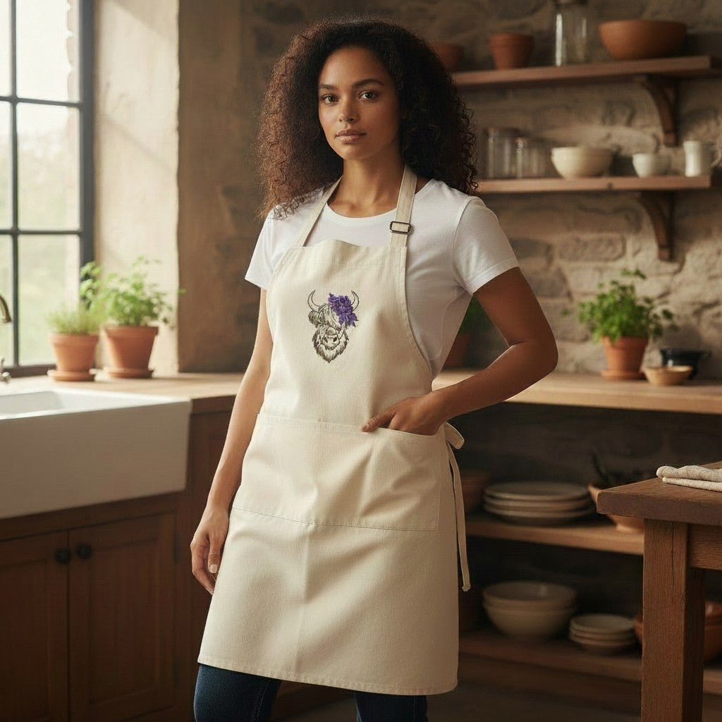 Highland Coo embroidered cotton apron with a floral crown design worn by a woman in a kitchen.