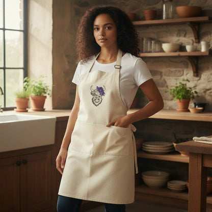 Highland Coo embroidered cotton apron with a floral crown design worn by a woman in a kitchen.