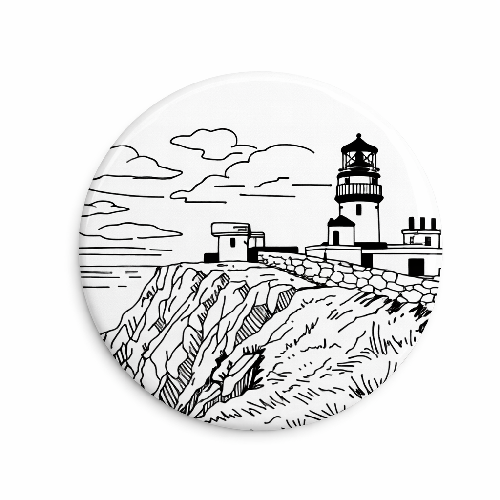 Black and white illustration magnet of Sumburgh Head Lighthouse on a cliff.