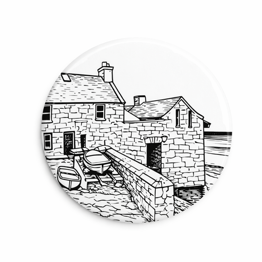 Black and white illustration magnet of The Lodberrie building with boats.
