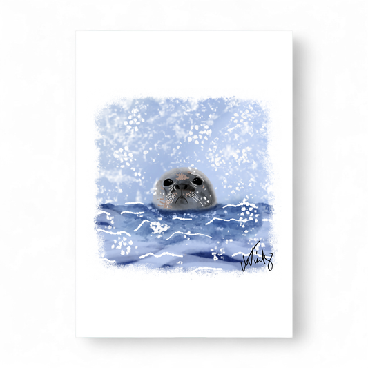Printed Christmas card featuring a grey seal peeking out of snowy water.