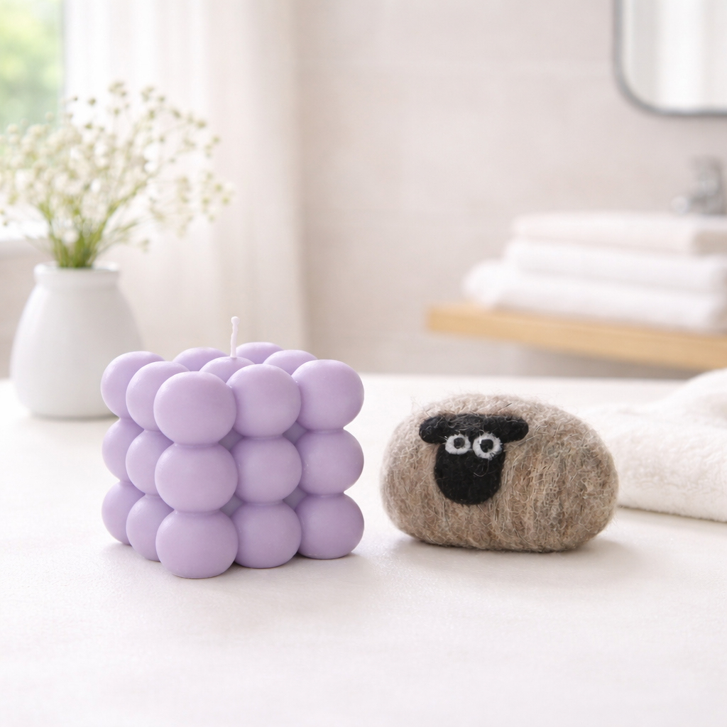 Handmade gift set featuring a purple bubble candle and a sheep-shaped felted soap on a white surface.