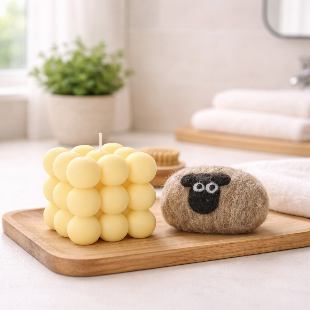 Handmade gift set featuring a yellow bubble candle and a sheep-shaped felted soap on a wooden tray.