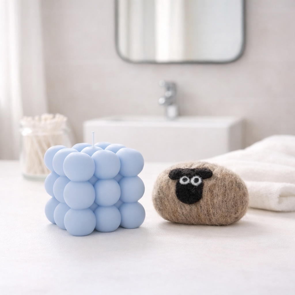 Handmade light blue bubble candle and a brown wool-felted sheep soap on a bathroom counter.