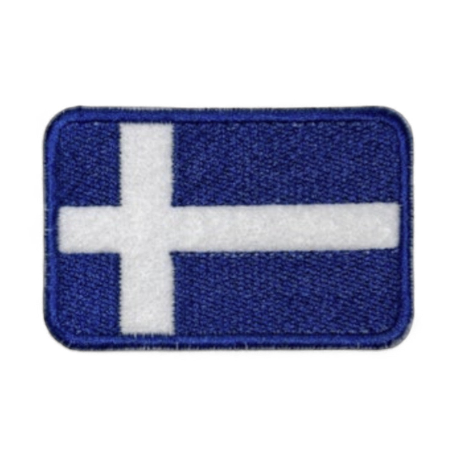Iron-on Shetland flag embroidered patch with a blue background and white cross.