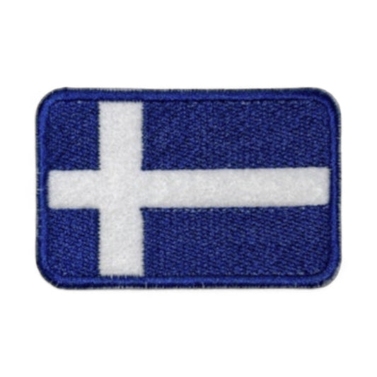 Iron-on Shetland flag embroidered patch with a blue background and white cross.