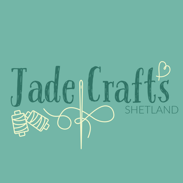 Logo of Jade Crafts Shetland with text and illustrations on a teal background