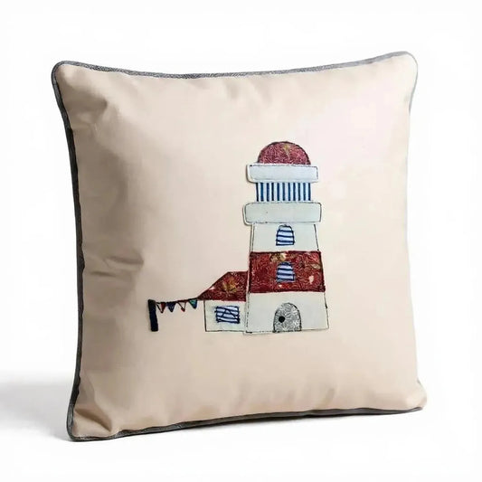 Lighthouse Cushion – Embroidered Appliqué Natural Cotton
