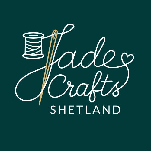 Logo of Jade Crafts Shetland featuring a needle and thread on a dark green background.