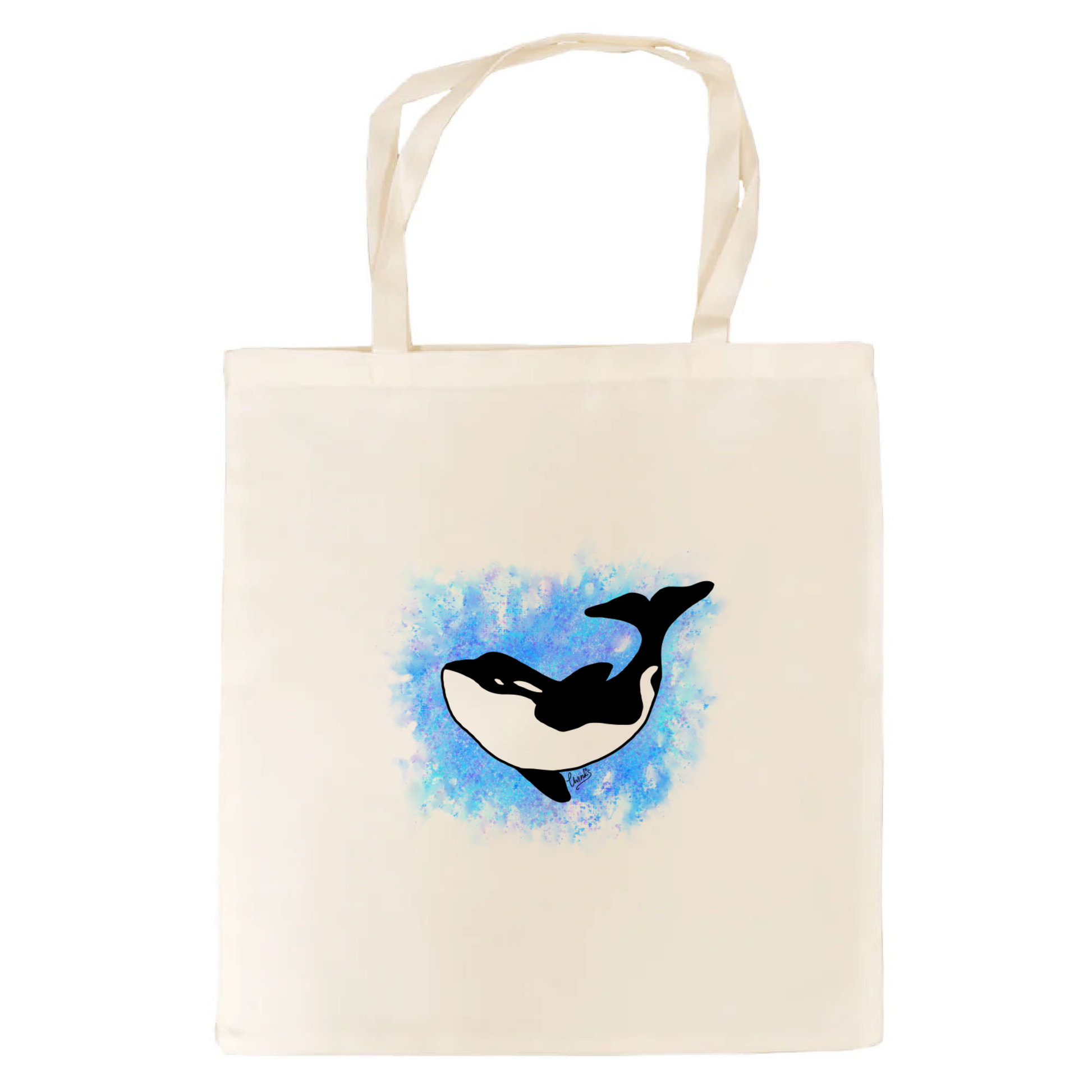 Orca printed tote bag with a blue watercolor splash.
