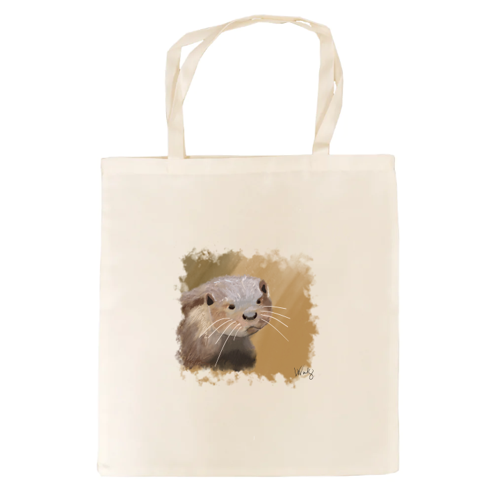 Cream tote bag with a painted otter portrait.