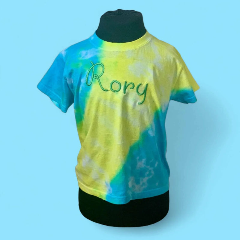 Tie-dye t-shirt with 'Rory' on a blue background