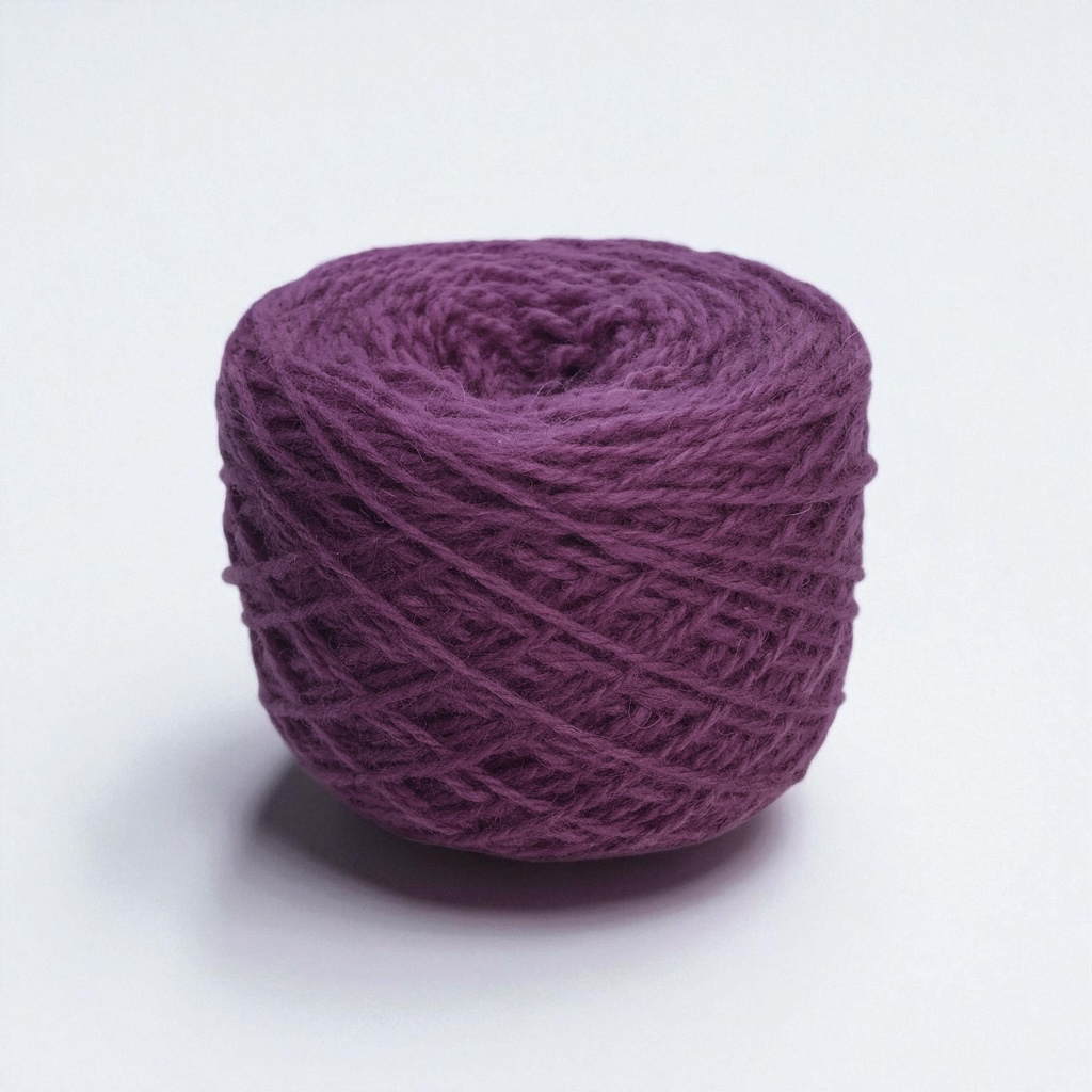 A ball of rich purple wool yarn on a white background.
